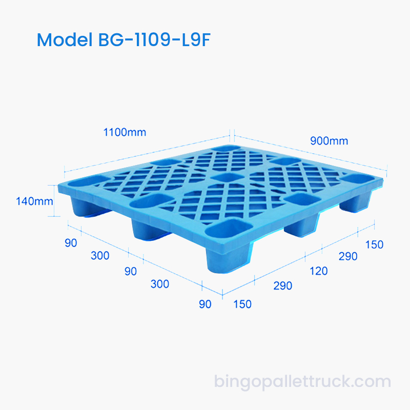 1100 × 900 mm Odolná, lehká, devítistopá HDPE plastová paleta pro manipulaci s materiálem