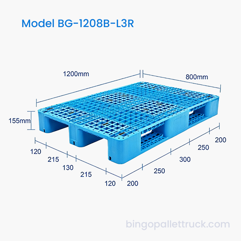 Vysokopevnostní 1200x800mm 3-chodá plastová paleta s dlouhou životností